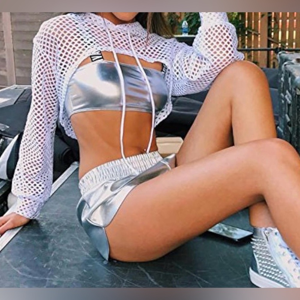 White Mesh Long Sleeve Crop Top Hoody